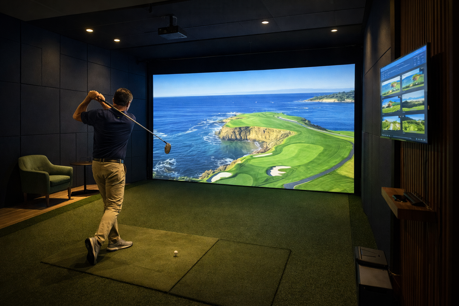 Golfer using an indoor simulator bay